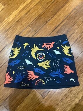 NWOT Basement Collection Black Embroidered Mini Skirt with Multicolor Motifs L